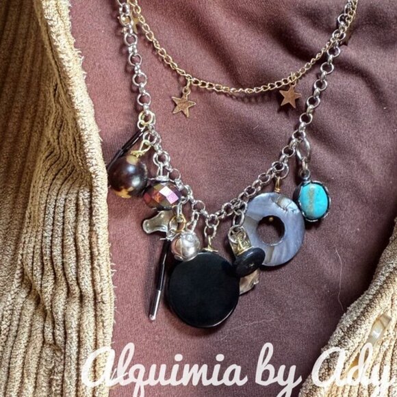 Big black onyx and turquoise layered multi charms necklace - Picture 3 of 4